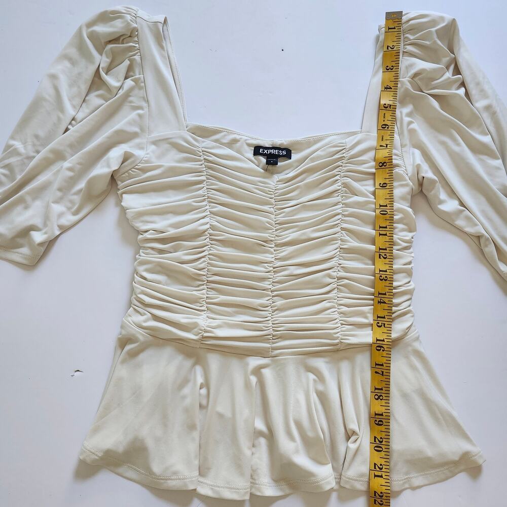 Express Ivory Ruched Puff-Sleeve Top with Peplum Size Small - Picture 9 of 10